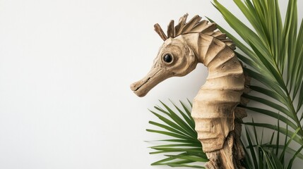 Obraz premium Wooden seahorse sculpture with tropical leaves against white background.
