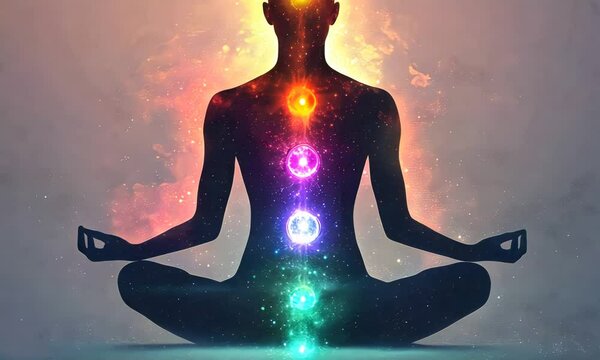 Silhouette of a meditating person with glowing chakra points, symbolizing balance and energy.