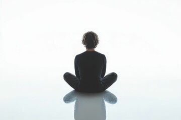 Person meditates, dark clothing, white background.