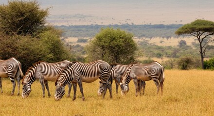 Naklejka premium Zebras grazing in african savannah amidst lush landscape and diverse wildlife