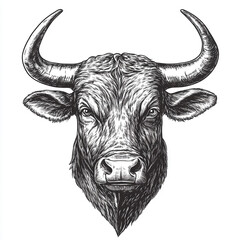 Naklejka premium Detailed Sketch of a Bull’s Head with Large Horns and Powerful Expression on White Background