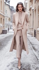 Fototapeta premium Stylish Woman Walking in Snowy Urban Alley Wearing Beige Winter Fashion Ensemble