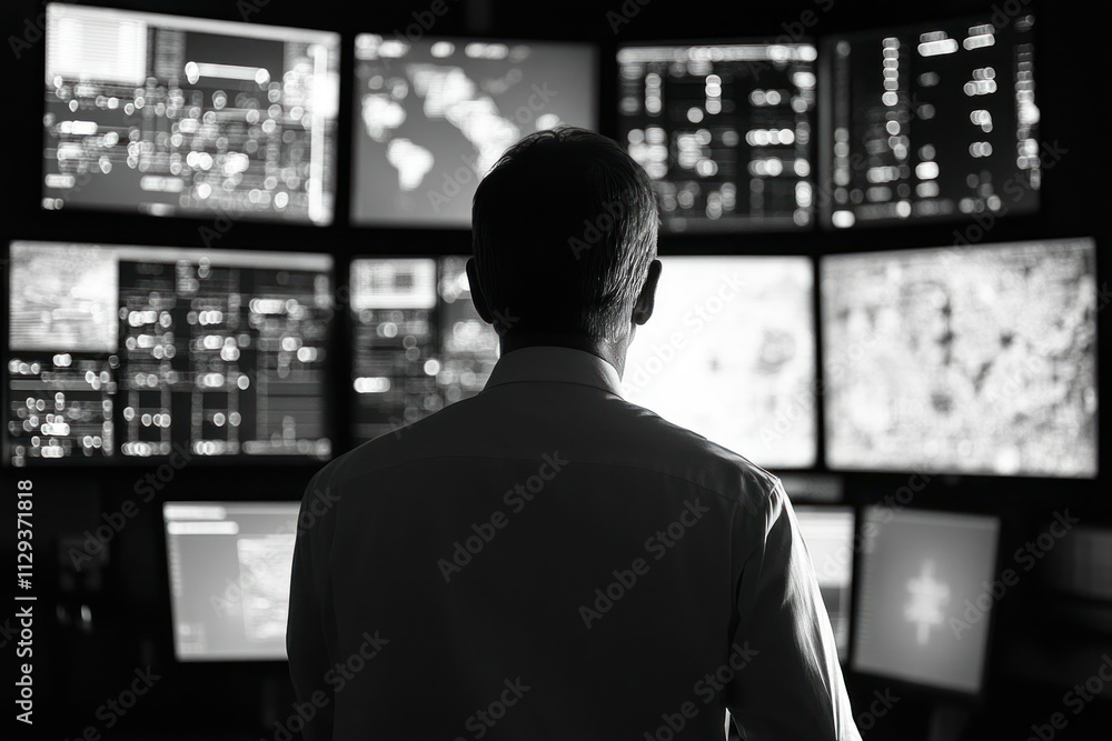 Poster modern control room with multiple high-tech screens