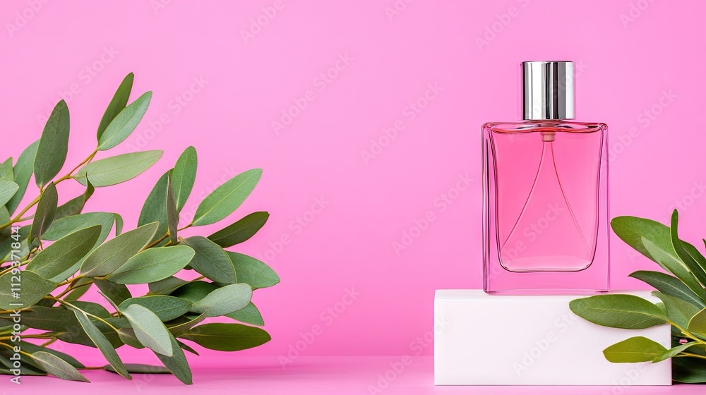 Poster close-up front view of a transparent glass perfume bottle on a white podium. the soft pink backgroun