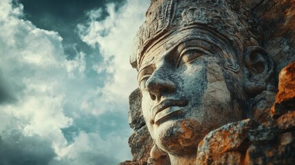 Obraz premium Ancient stone face, weathered, cloudy sky.