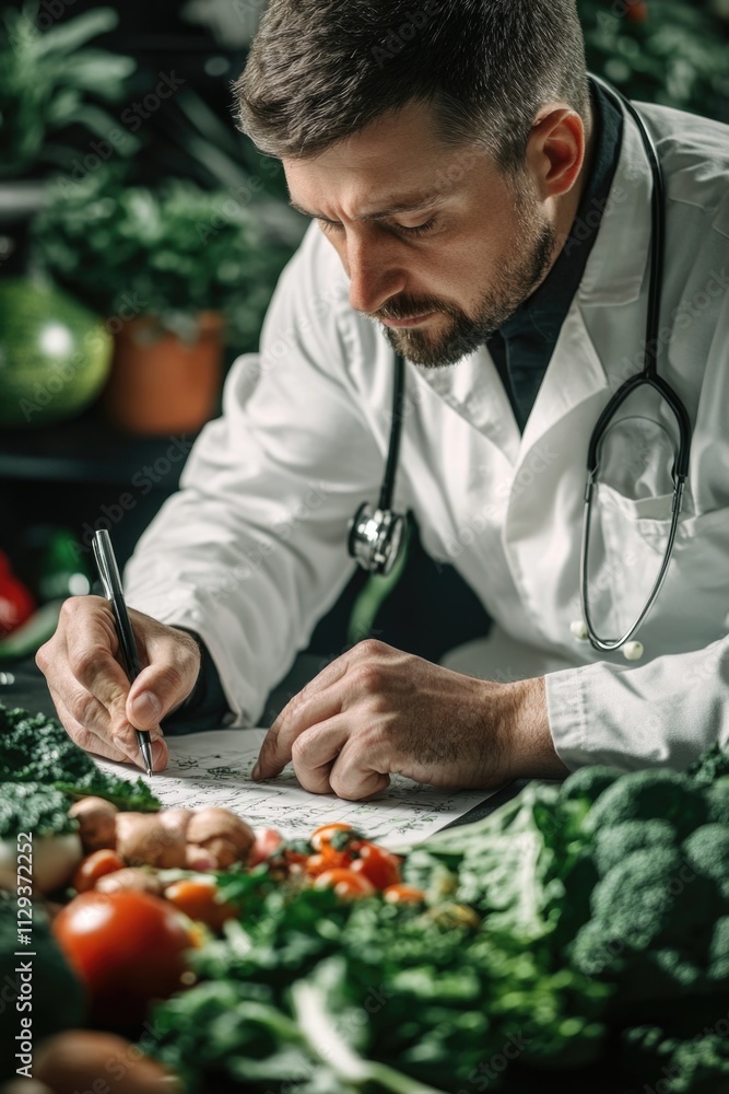 Poster a scientist in a lab coat writes notes on a piece of paper, likely working on a research project or 