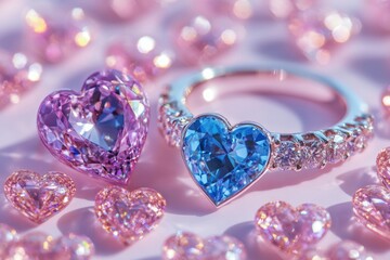 Elegant rings adorned with blue and pink diamonds, beautifully displayed against a soft pink background, perfect for expressing love on Valentine's Day.