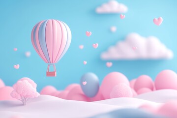 A colorful hot air balloon soars above a vibrant field adorned with pink and blue balloons, creating a whimsical Valentine's Day atmosphere.
