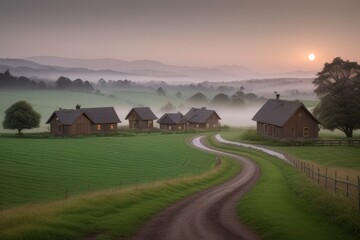 Sunrise Serenity: Rustic Village in the Misty Hills