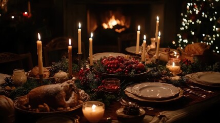 Christmas dinner table set with candles, decorations, and delicious food