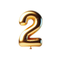 golden Number 2 Balloon, Shiny balloon shape party decoration, isolated on transparent cutout PNG