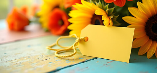 Blank Yellow Tag with Sunflowers and Orange Flowers