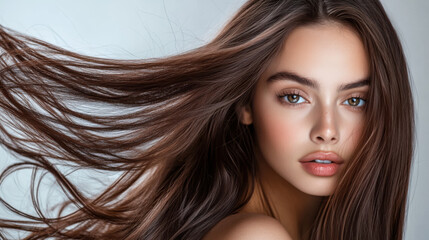 Fototapeta premium Young woman with flowing hair showcasing natural beauty and glowing skin in a minimalistic setting