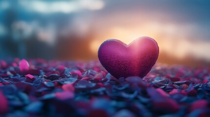 Fototapeta premium A heart-shaped object rests amidst a vibrant field of blooming flowers, symbolizing love and romance on Valentine's Day.