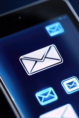 Fototapeta premium A close-up view of a cell phone displaying various email icons, ideal for use in tech-related content and digital media