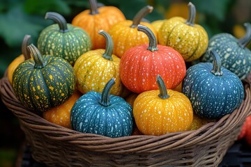 Colorful miniature pumpkins in basket for autumn decoration and harvest festival