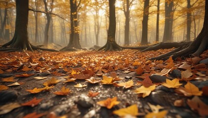 Mellow golden hues of fallen leaves scattered on a forest floor , foliage, forest floor, earthy tones