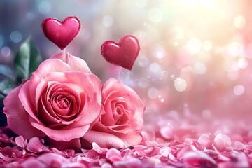 A romantic arrangement of roses and hearts against a soft pink background, enhanced by a dreamy bokeh effect, perfect for Valentine's Day.