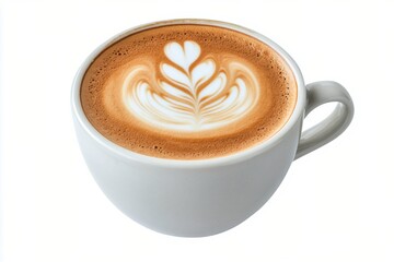 Creamy coffee with heart shaped latte art served in a white cup on a light surface