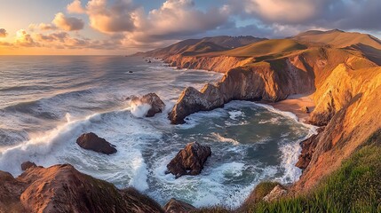 Obraz premium A stunning coastal landscape at sunset with waves crashing against rocky cliffs.