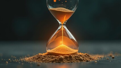 Glowing golden hourglass with sand trickling down, symbolizing the transience of time. Elegant and timeless design set against a dark background, blending surreal radiance with
