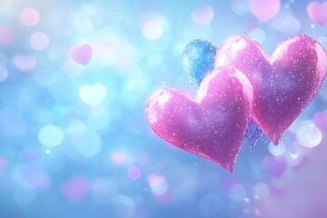 Fototapeta premium Two vibrant hearts float gracefully in the air, symbolizing love and affection, perfect for celebrating the spirit of Valentine's Day.