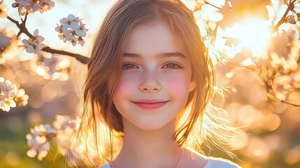 Fototapeta premium Young girl smiles brightly among blooming cherry blossoms during a sunny afternoon in springtime