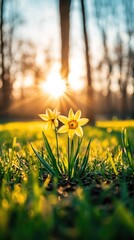 Fototapeta premium Sunlit Daffodils in Early Morning Glow amidst a Serene Meadow Landscape