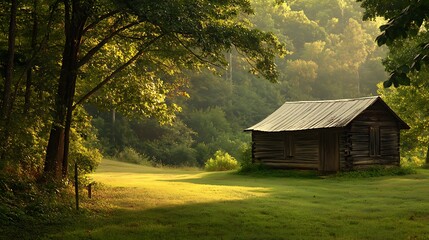 A rustic cabin nestled in a serene, green landscape surrounded by trees.