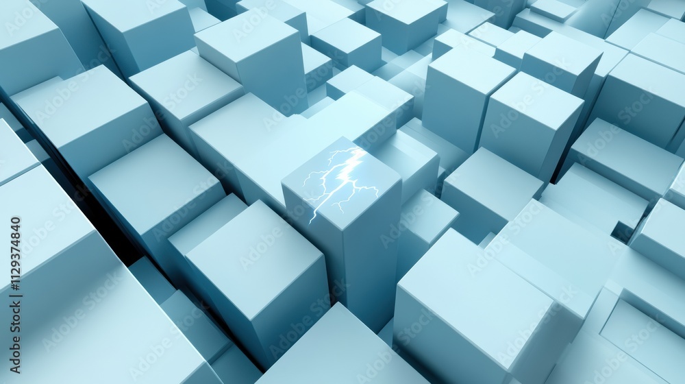 Poster abstract blue cubes with a lightning bolt on one surface create a dynamic visual effect, ai