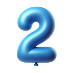 blue color Number 2 Balloon, Shiny balloon shape party decoration, isolated on transparent cutout PNG