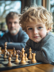 Young boy engaged in chess match, observing father and brother in cozy space