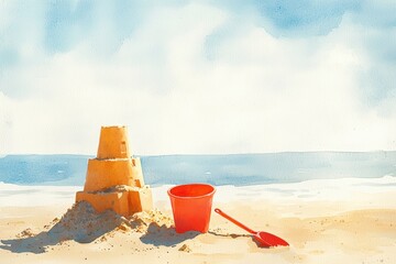 A colorful sandcastle beside a red bucket and shovel on a sunny beach, with gentle ocean waves in the background.