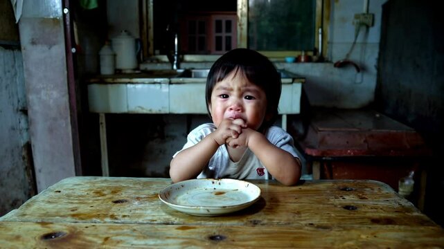 Toddler sitting alone indoors crying at table with empty plate