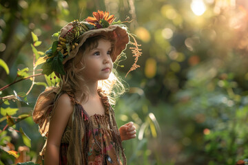 Whimsical young girl in floral hat and forest setting embracing nature's magic
