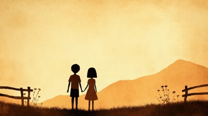 Silhouetted children holding hands against a golden sunset backdrop, AI