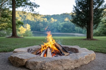 自然の中での焚き火と静かな湖の風景