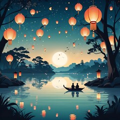 Serene Moonlit Lake Scene With Floating Lanterns And Couple In Boat