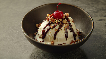 A smooth bowl of rich vanilla ice cream topped with crushed nuts, chocolate syrup, and a cherry.