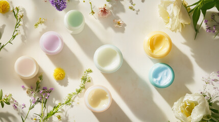 Colorful moisturizing creams for dry skin surrounded by flowers on light surface