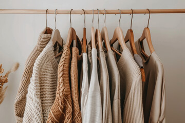 Cozy neutrals: trendy knit and casual sweaters on wooden hangers displayed in a minimalist closet