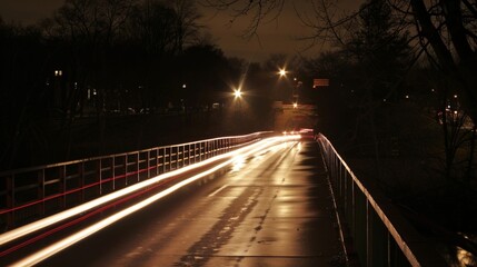 Fototapeta premium The peaceful stillness of a bridge broken only by the passing of a few cars casting their light trails on the dark water below.