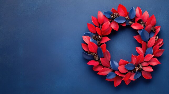 Vibrant red and blue wreath on a deep blue background, AI