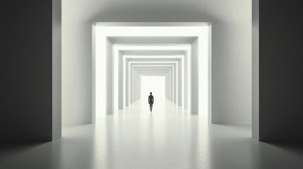 Obraz premium A person walks through an endless, illuminated corridor, evoking a sense of infinity, AI