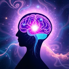 Obraz premium Silhouette of Human Head with Colorful Brain Illustration
