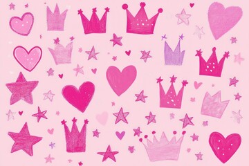 Whimsical Pink Background with Hearts and Crowns