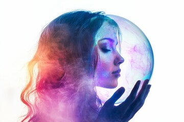 Fototapeta premium Woman's face, colorful smoke, translucent sphere.