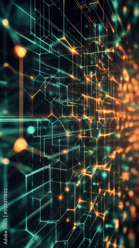 Poster abstract representation of digital network with glowing lights and geometric patterns