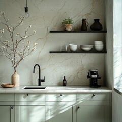 Modern kitchen interior featuring marble countertops and stylish decor in a bright space