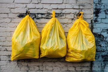 Three Yellow Hazard Waste Bags Aligned on Wall
